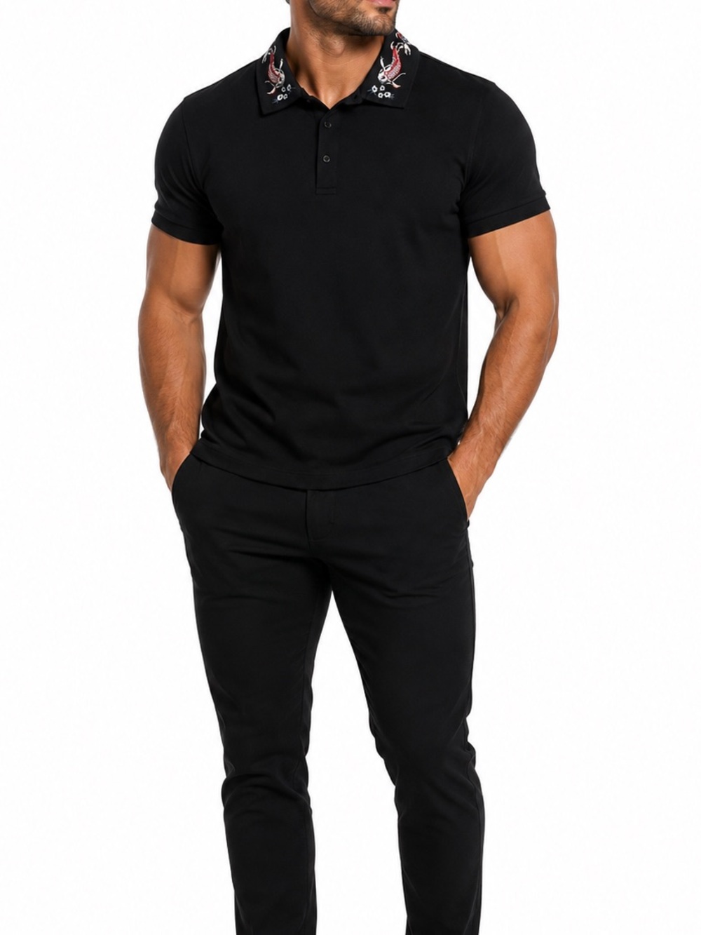 Brave Soul Polo Black Small Koi Embroidered